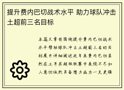 提升费内巴切战术水平 助力球队冲击土超前三名目标 提升费内巴切战术水平 助力球队冲击土超前三名目标