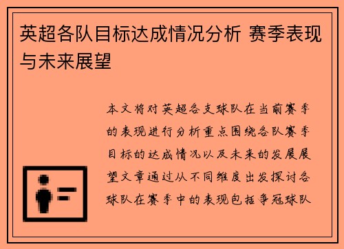 英超各队目标达成情况分析 赛季表现与未来展望